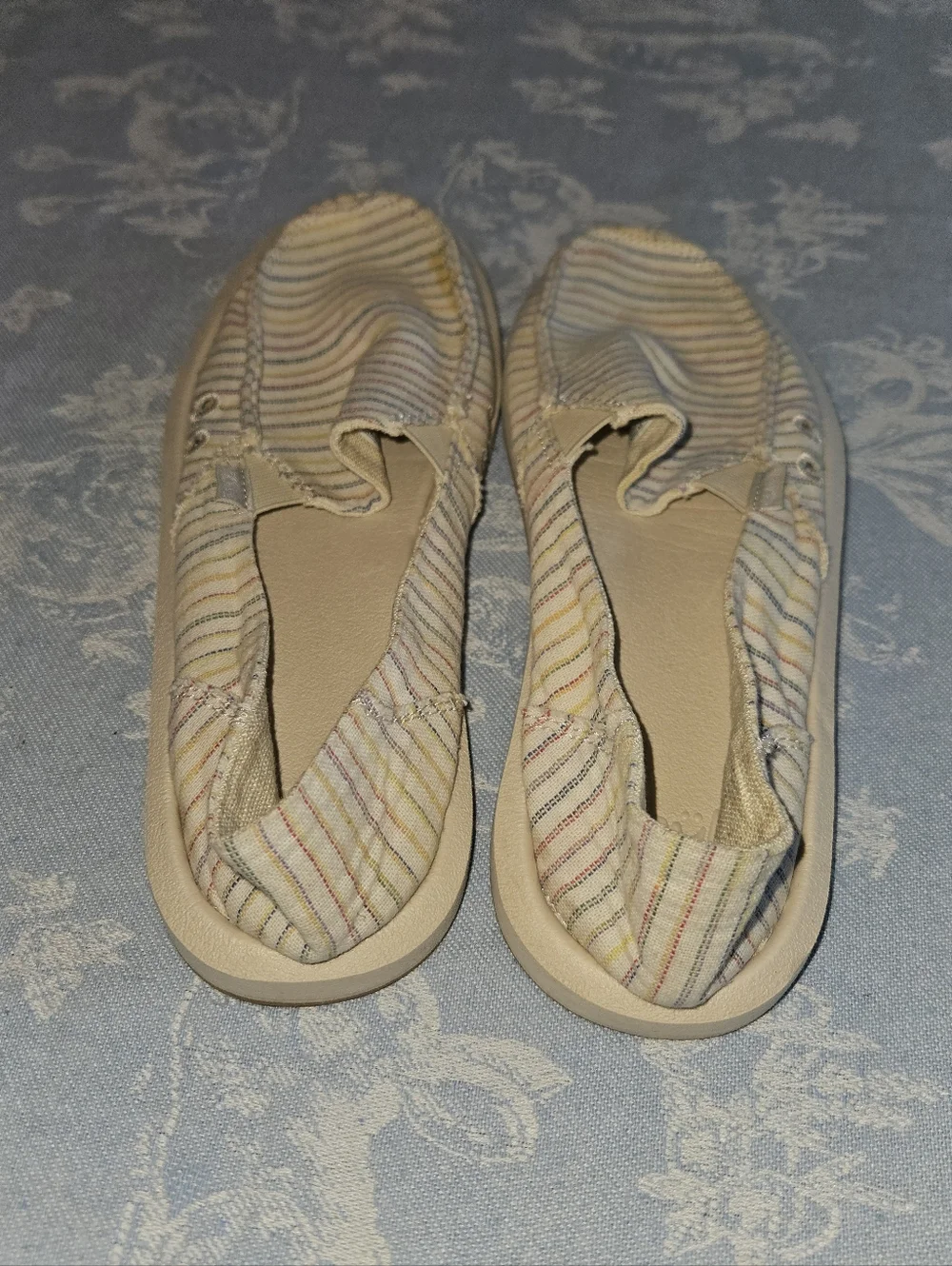 Sanuk Women's Multistripe Canvas Slip-Ons in Cream and Pastel Stripes